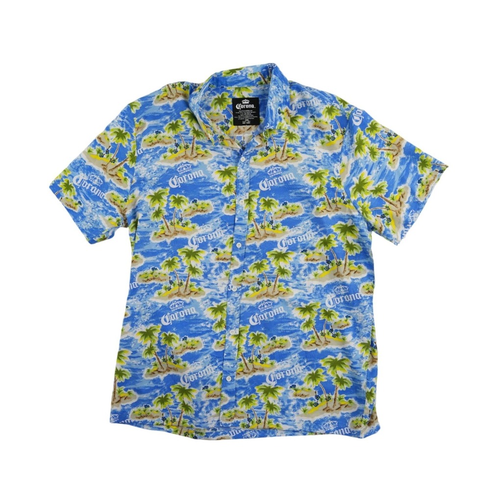 Corona Button Up Shirt Mens Size Large Blue Tropical Palm Tree Hawaiian Camp Top